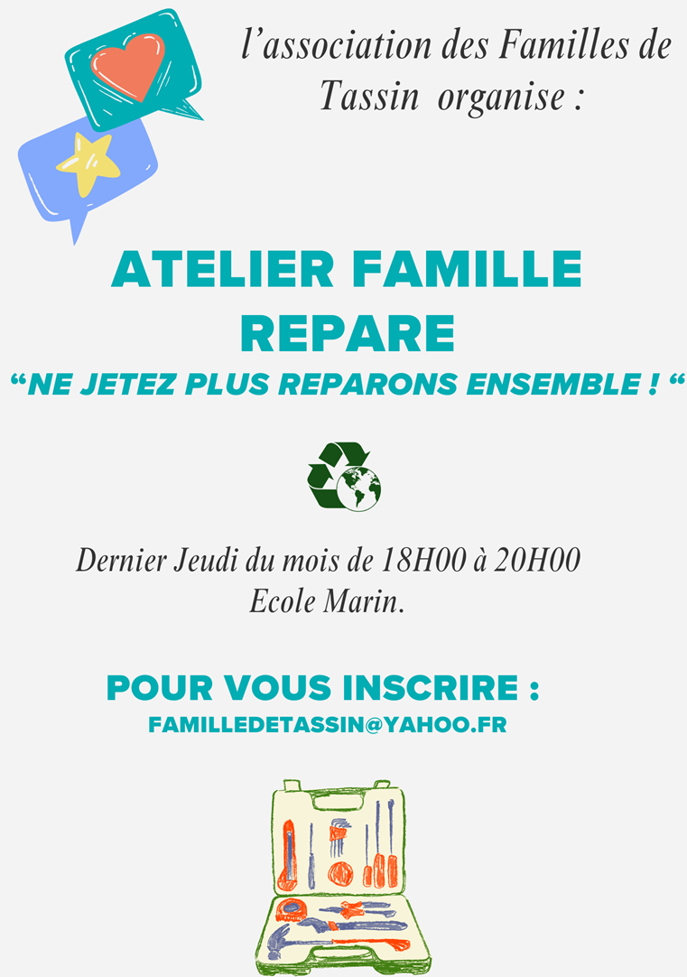 Affiche atelier réparation pour familles à Tassin.