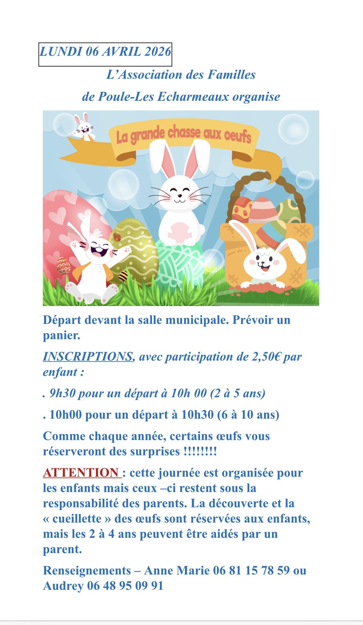 Affiche chasse aux œufs pour enfants à Poule-Les Echarmeaux.
