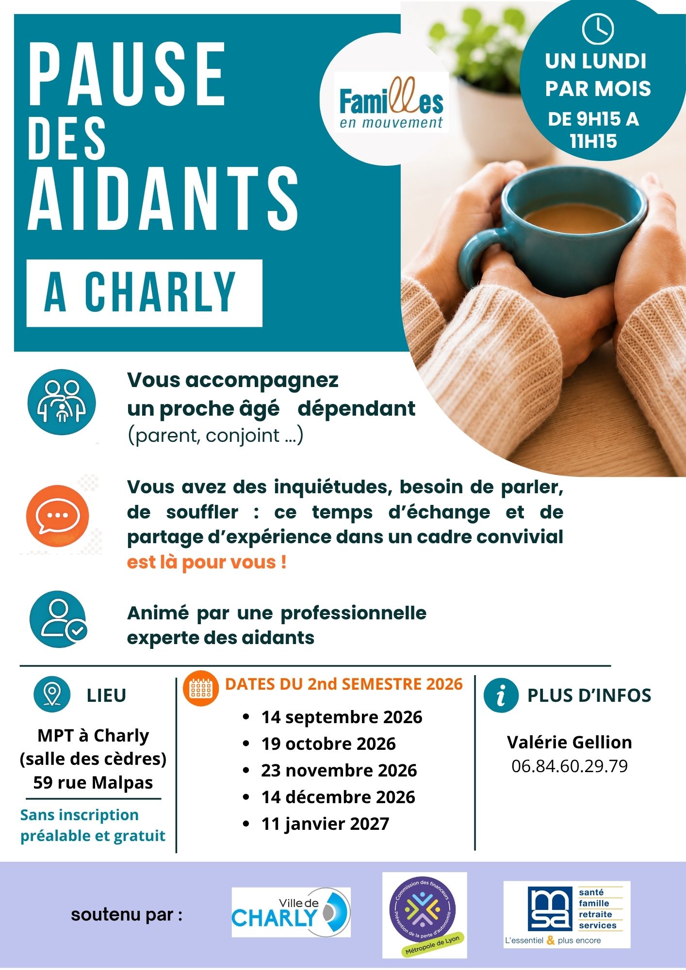 Affiche Pause des aidants à Charly, rencontres mensuelles gratuites